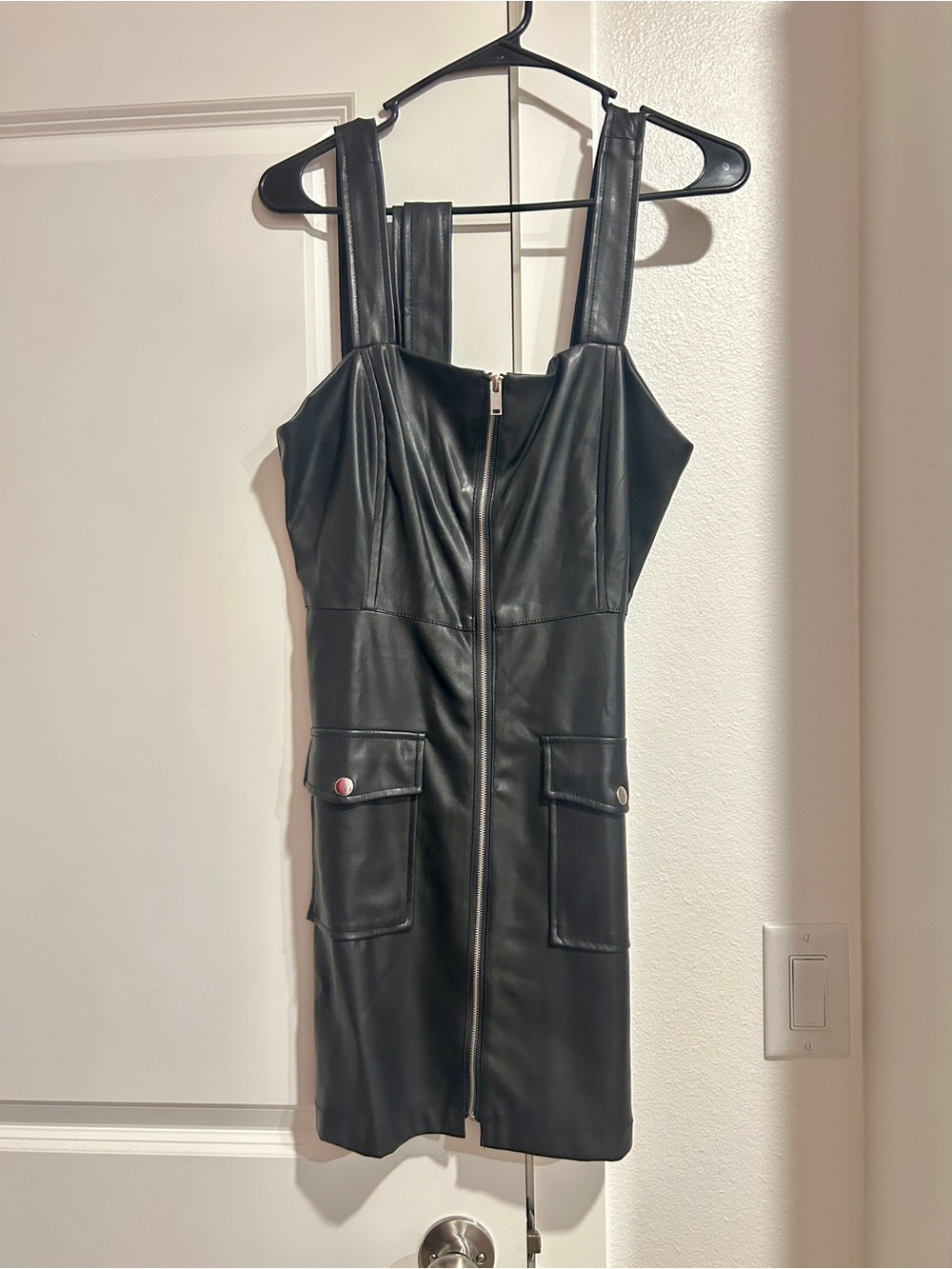 Black Faux Leather Zip-Front Mini Dress with Pockets